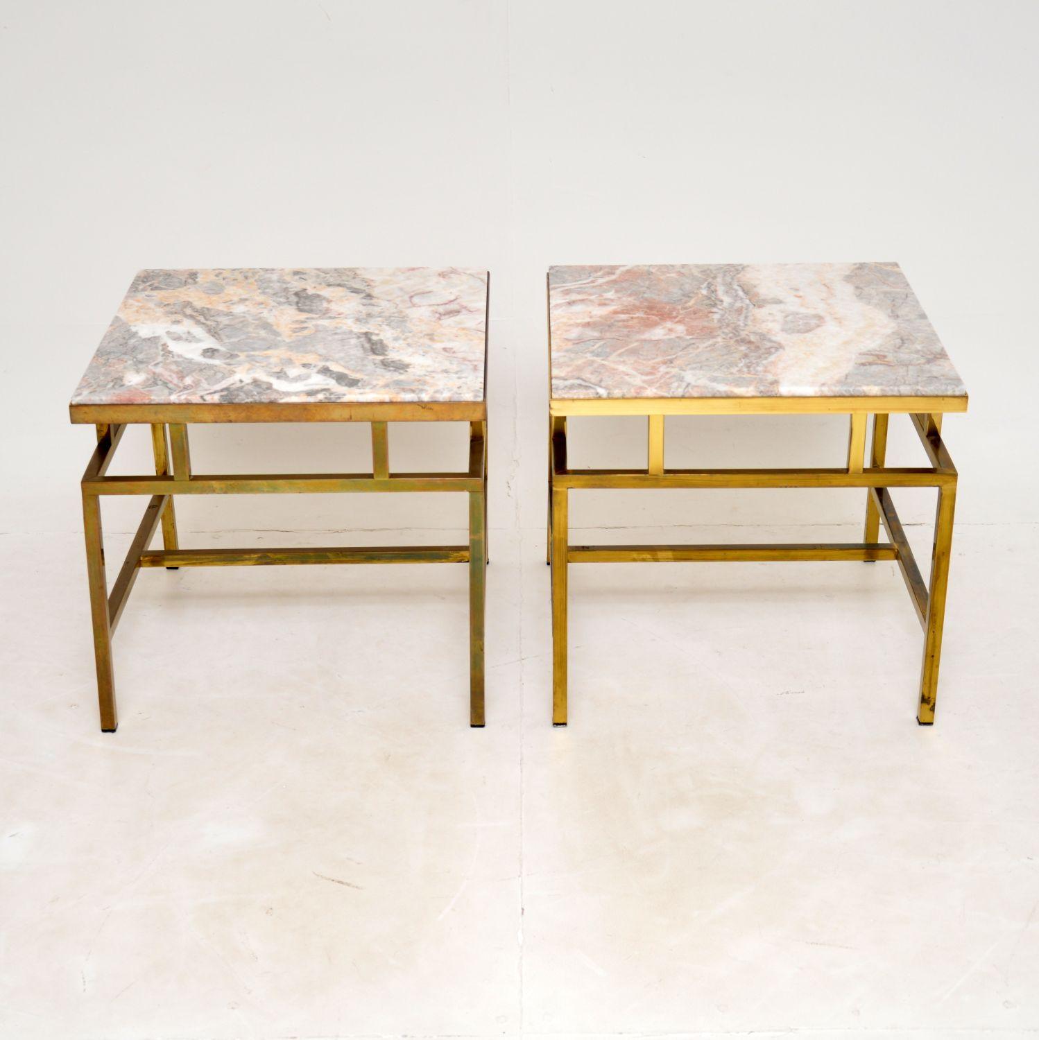 An exceptional pair of vintage side tables in solid brass with marble tops. These were made in Italy, they date from the 1960-1970’s.

They are of superb quality, with beautifully designed frames, and they are a great size.

The brass frames