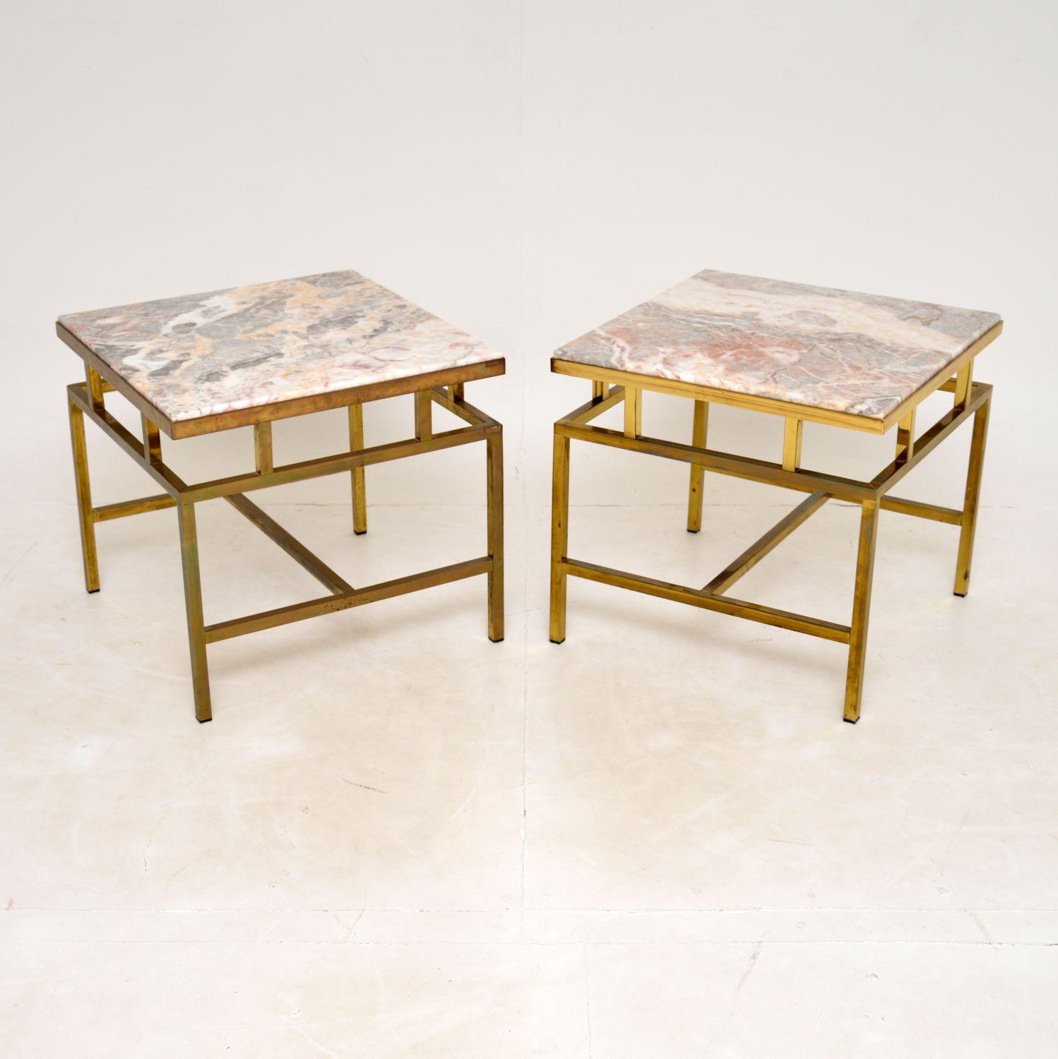 Mid-Century Modern Pair of Vintage Italian Solid Brass & Marble Side Tables