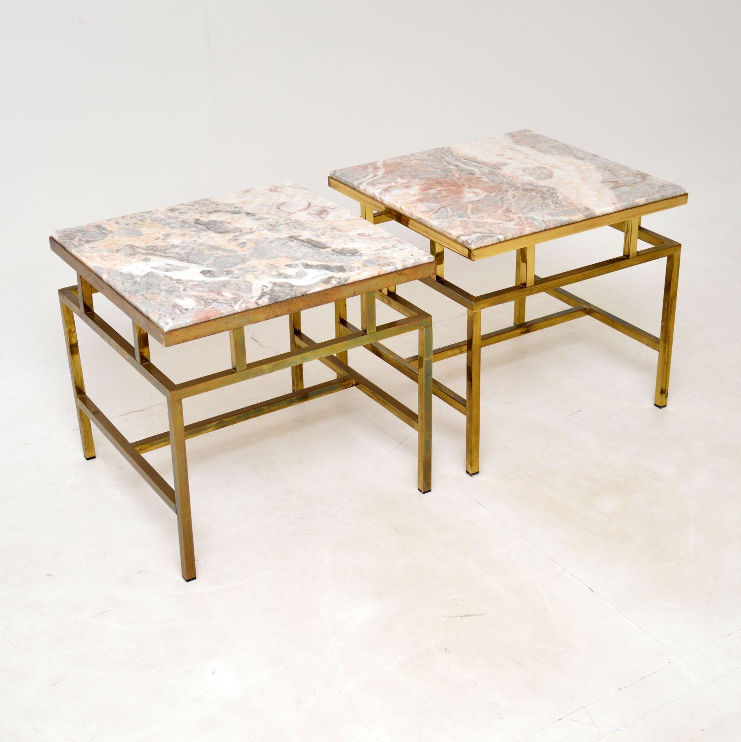 20th Century Pair of Vintage Italian Solid Brass & Marble Side Tables