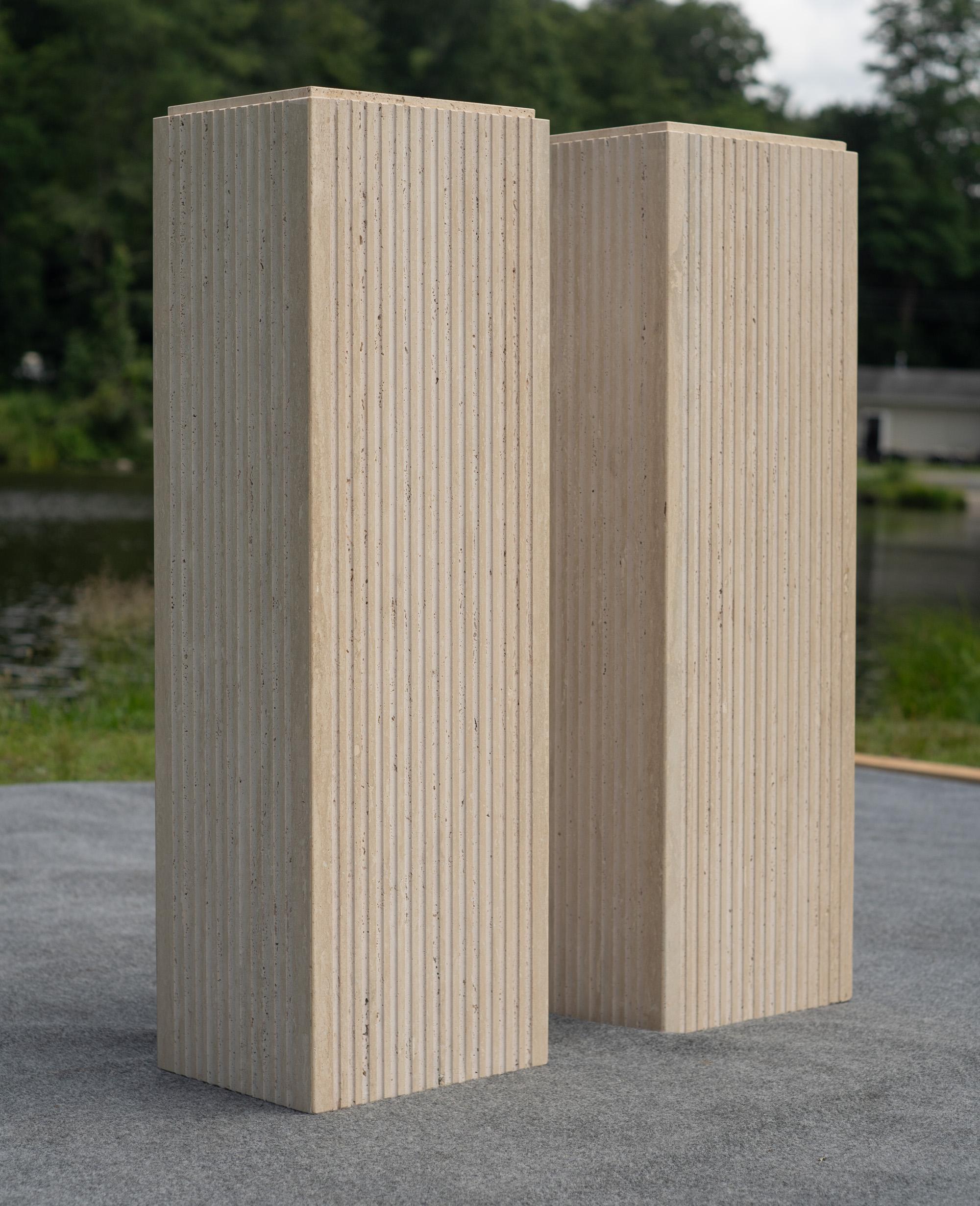 American Pair of Vintage Italian Stone International Fluted Travertine Marble Pedestals For Sale