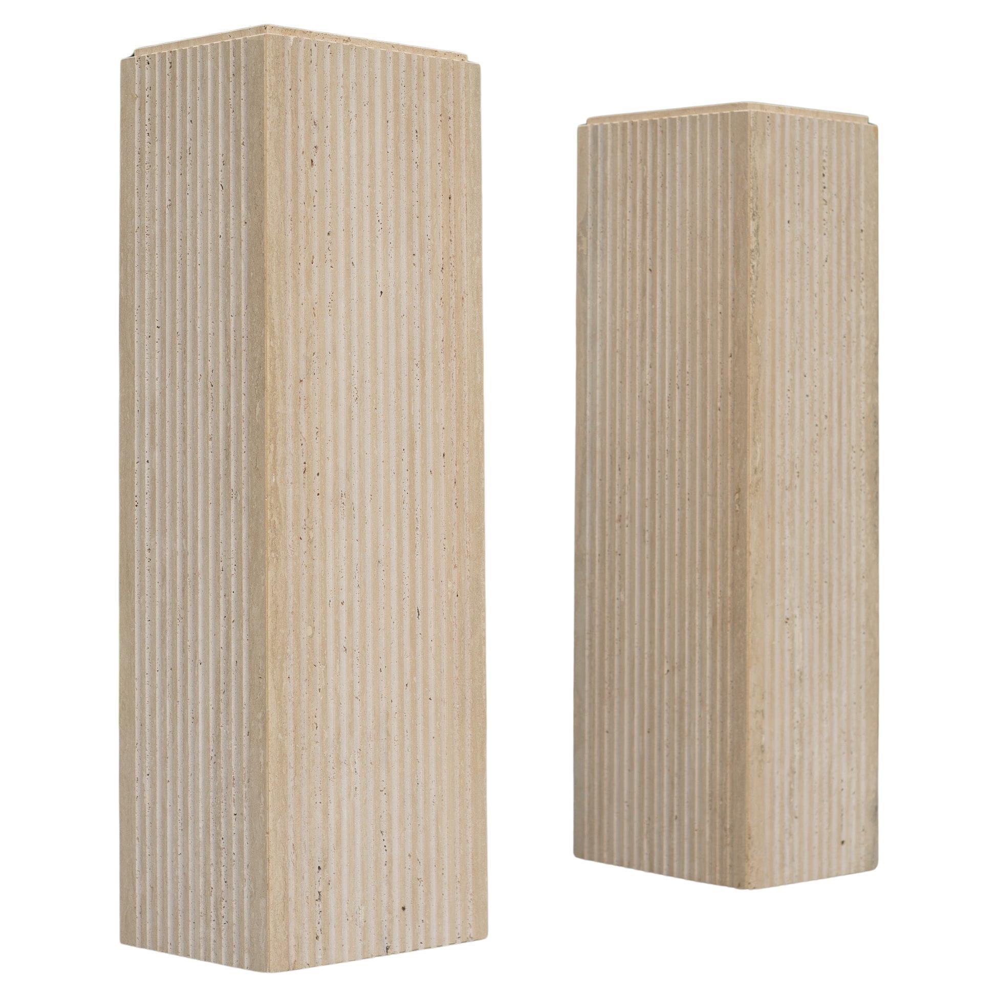 Pair of Vintage Italian Stone International Fluted Travertine Marble Pedestals For Sale