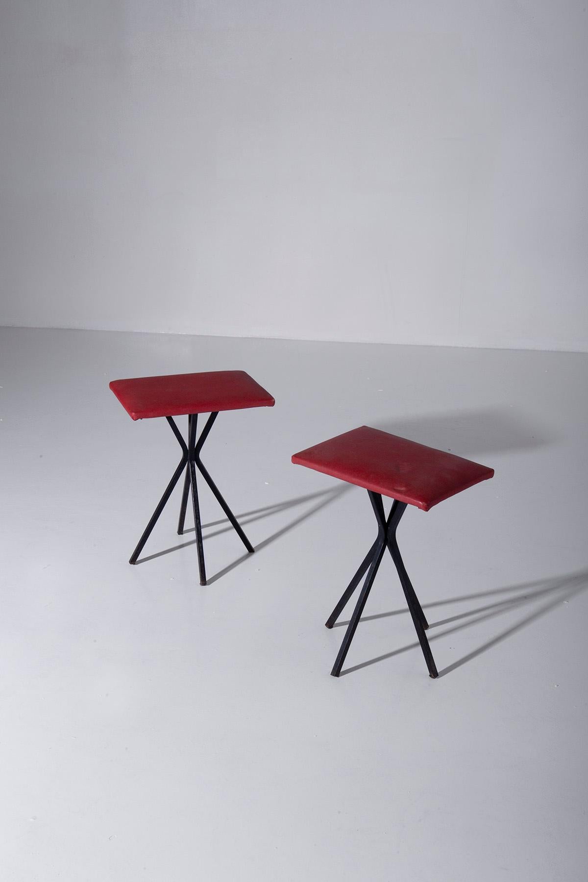 Pair of Vintage Italian Stools in Red Faux Leather For Sale 2