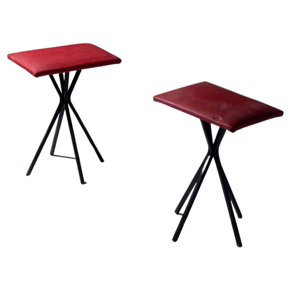 Pair of Vintage Italian Stools in Red Faux Leather