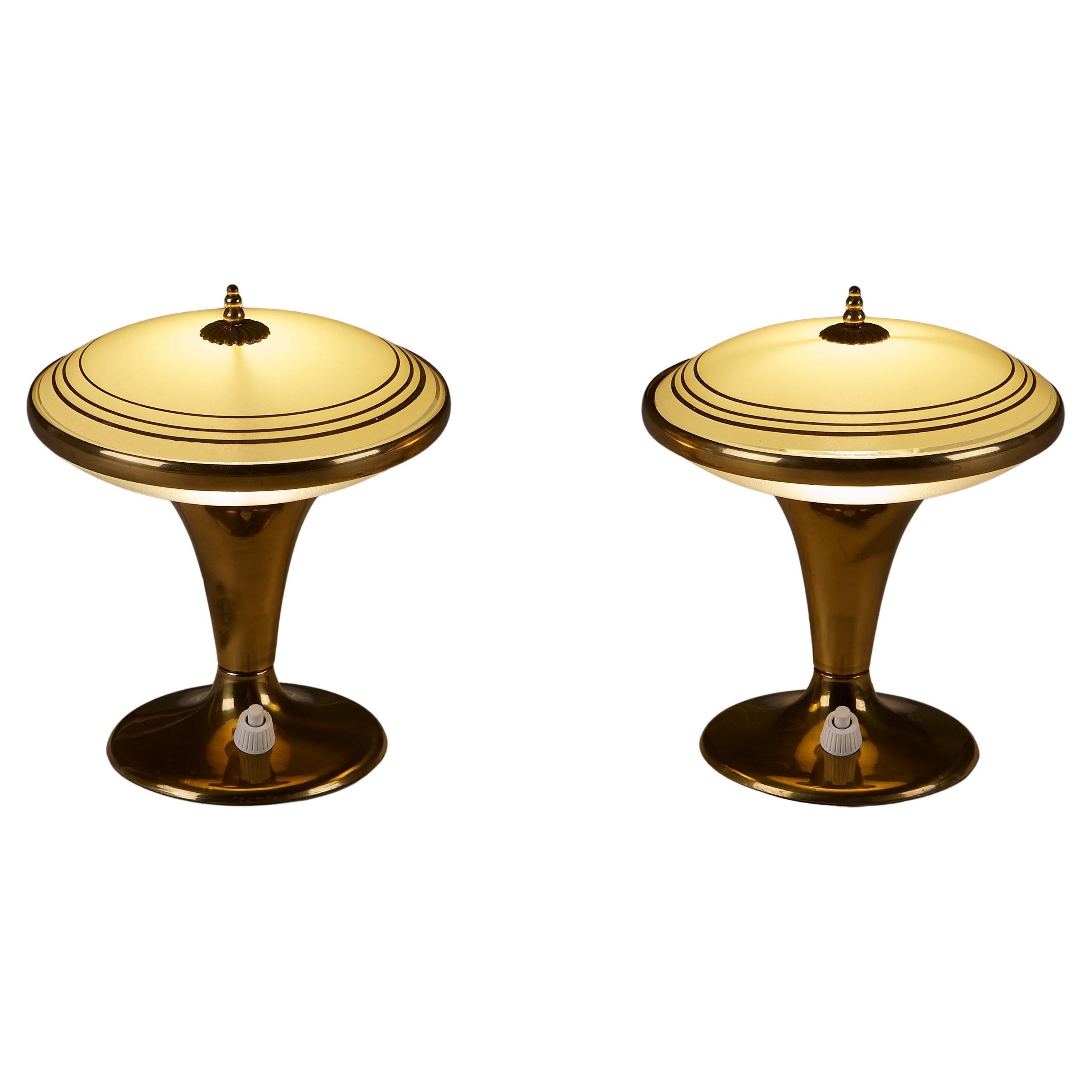 Pair of vintage Italian table lamps with brass base and opal glass shade