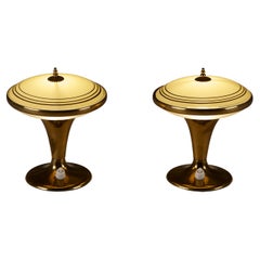 Pair of vintage Italian table lamps with brass base and opal glass shade