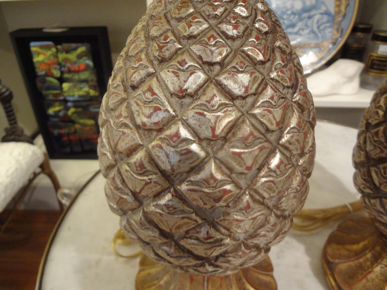 Hollywood Regency Pair of Vintage Italian Gilt Terracotta Pineapple Lamps For Sale