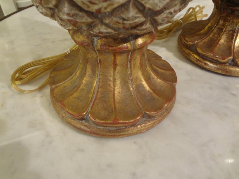 Pair of Vintage Italian Gilt Terracotta Pineapple Lamps In Good Condition For Sale In Houston, TX