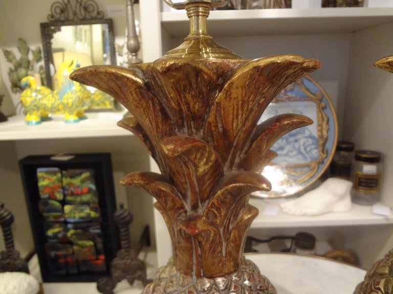 Pair of Vintage Italian Gilt Terracotta Pineapple Lamps For Sale at 1stDibs