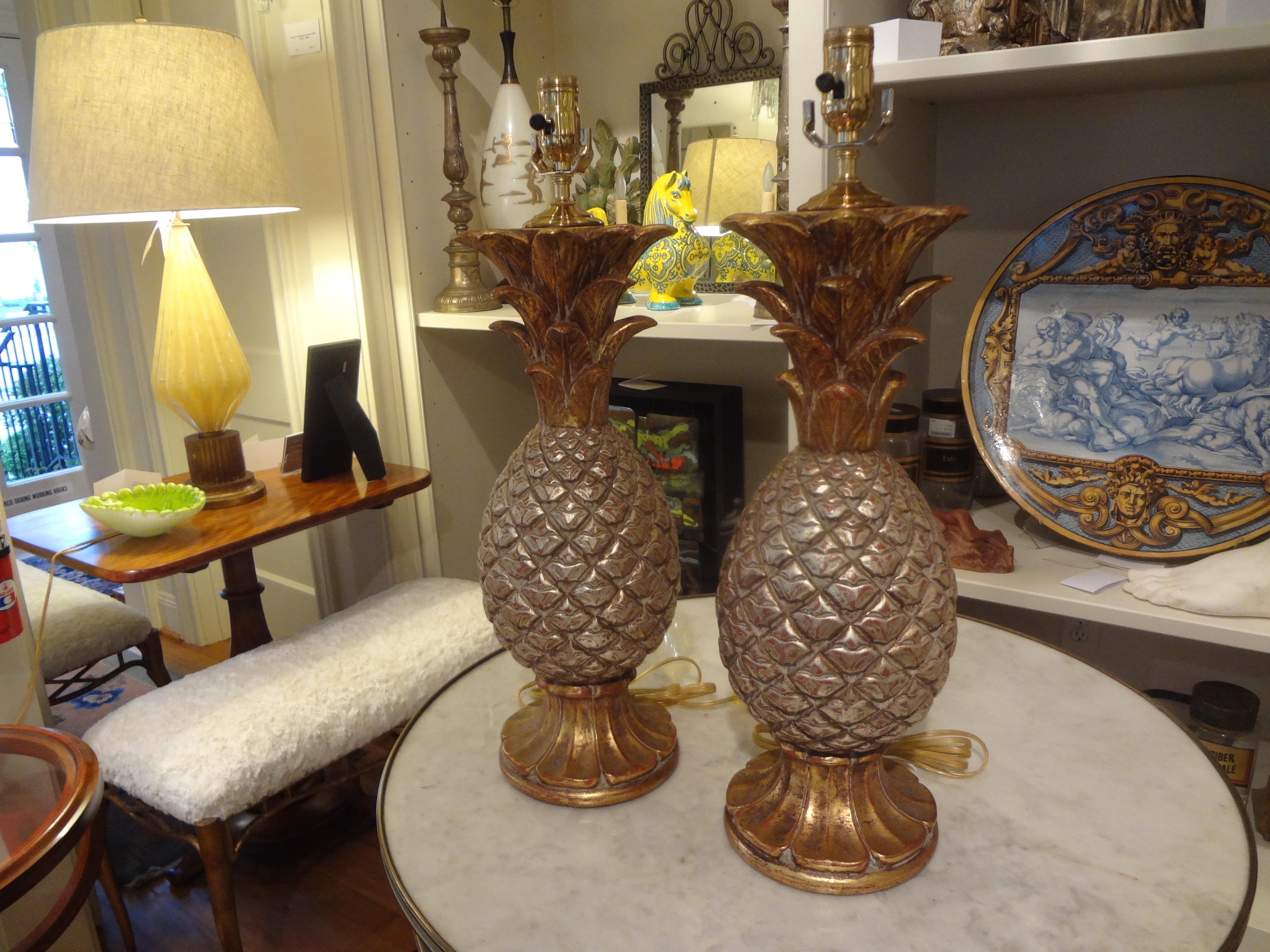 Hollywood Regency Pair of Vintage Italian Gilt Terracotta Pineapple Lamps For Sale