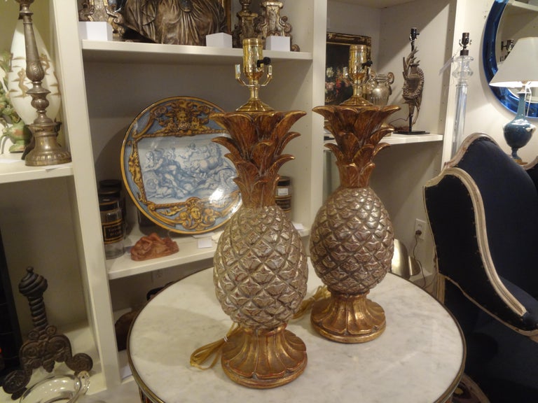Pair of Vintage Italian Gilt Terracotta Pineapple Lamps For Sale at 1stDibs