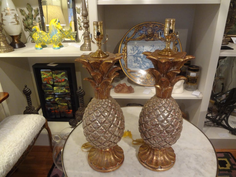 Pair of Vintage Italian Gilt Terracotta Pineapple Lamps For Sale 3