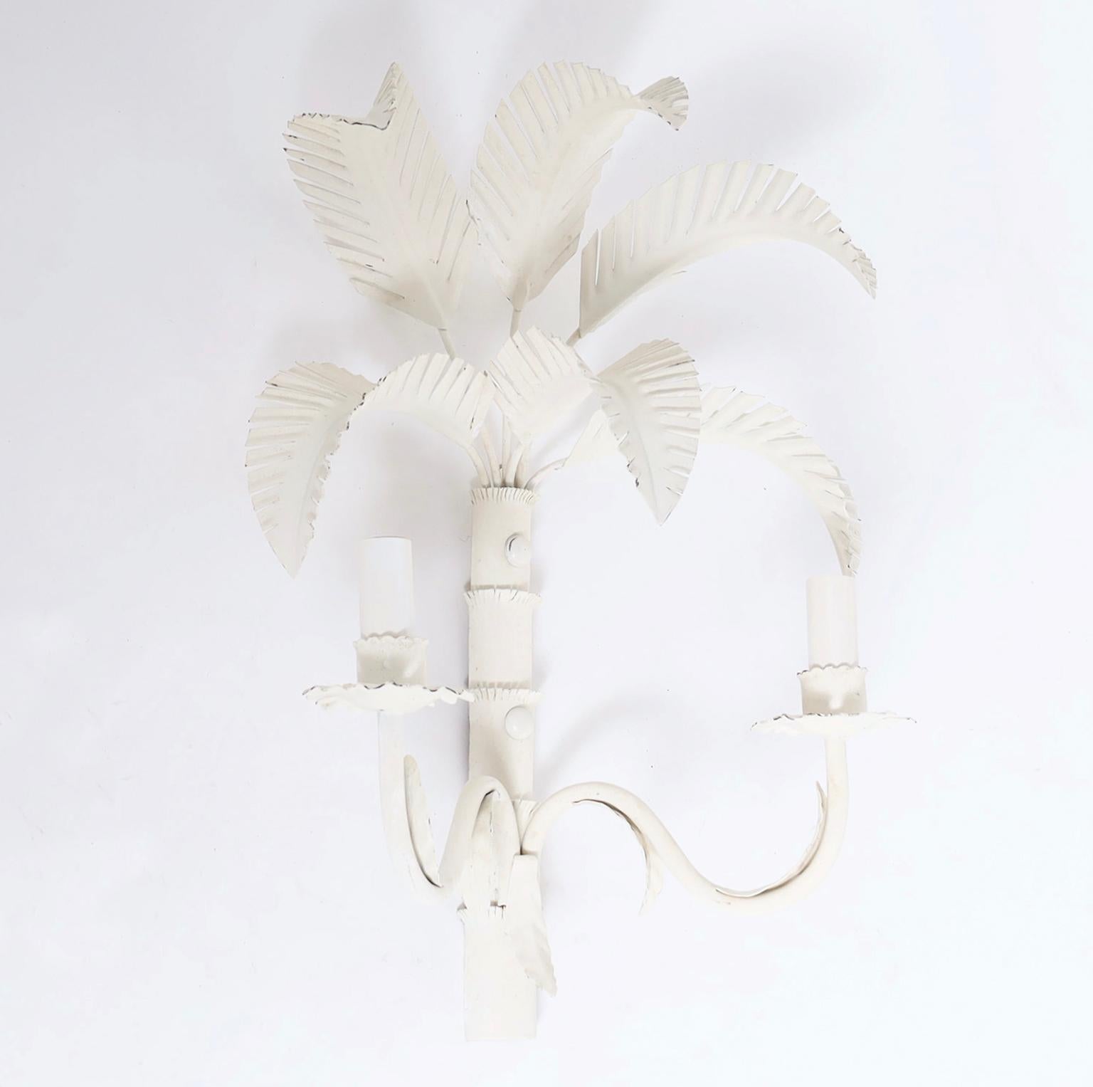 Mid-Century Modern Pair of Vintage Italian Tole Palm Tree Wall Sconces