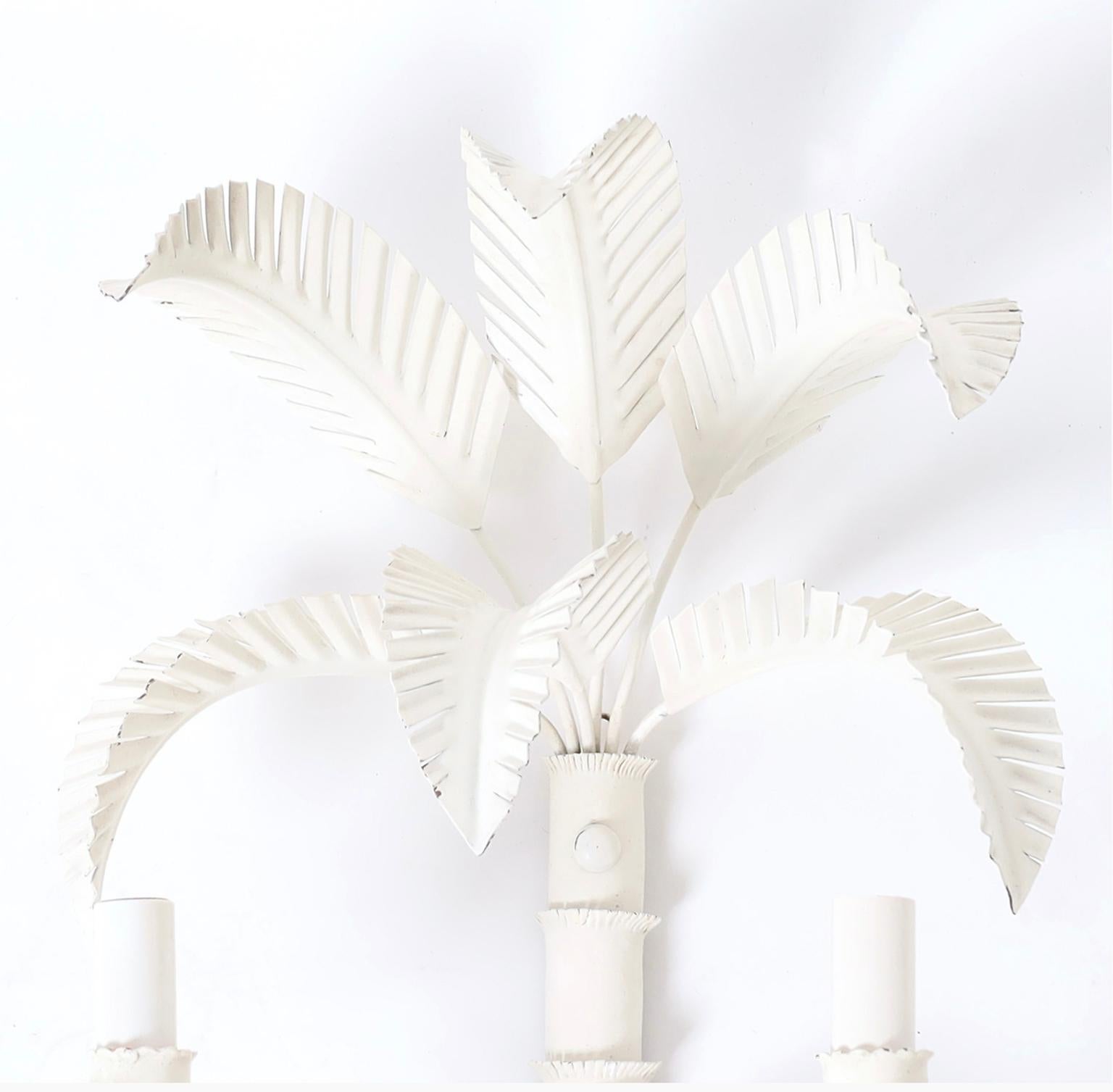 Painted Pair of Vintage Italian Tole Palm Tree Wall Sconces
