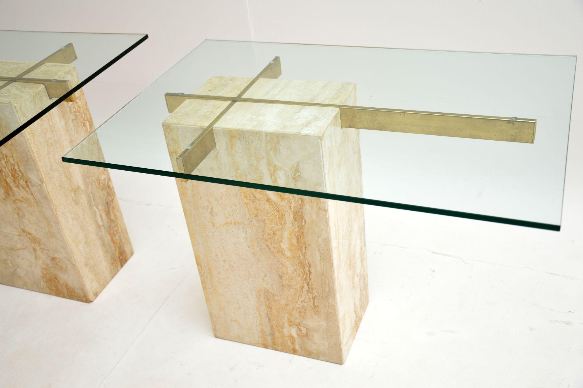 Pair of Vintage Italian Travertine and Brass Side Tables by Artedi For Sale 5