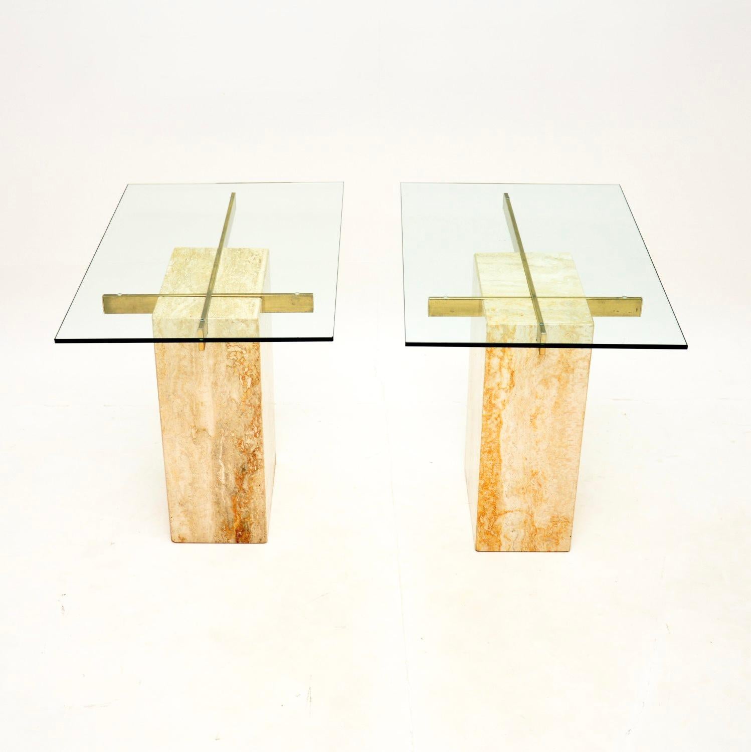 Pair of Vintage Italian Travertine and Brass Side Tables by Artedi In Good Condition For Sale In London, GB