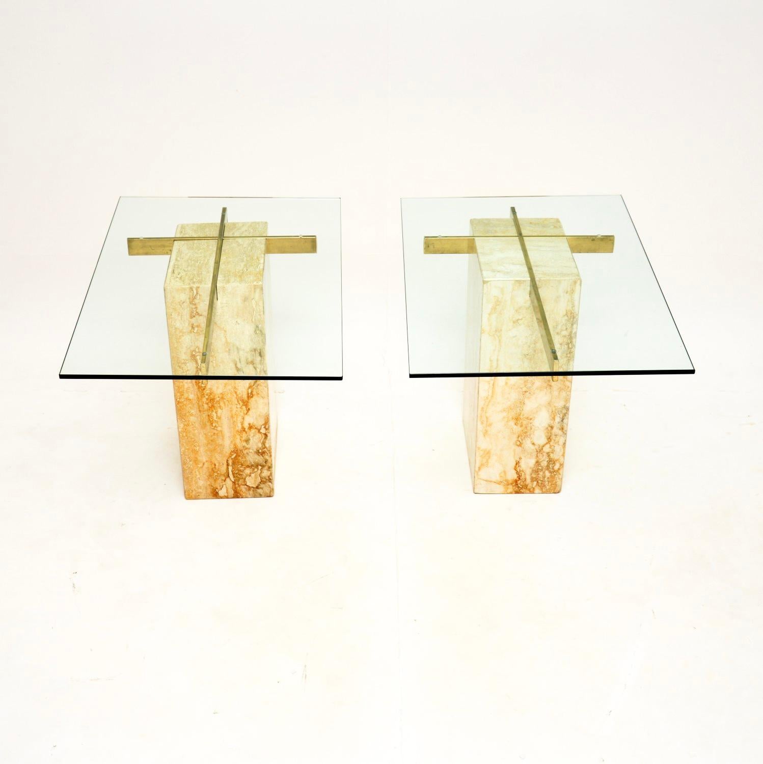 Late 20th Century Pair of Vintage Italian Travertine and Brass Side Tables by Artedi For Sale