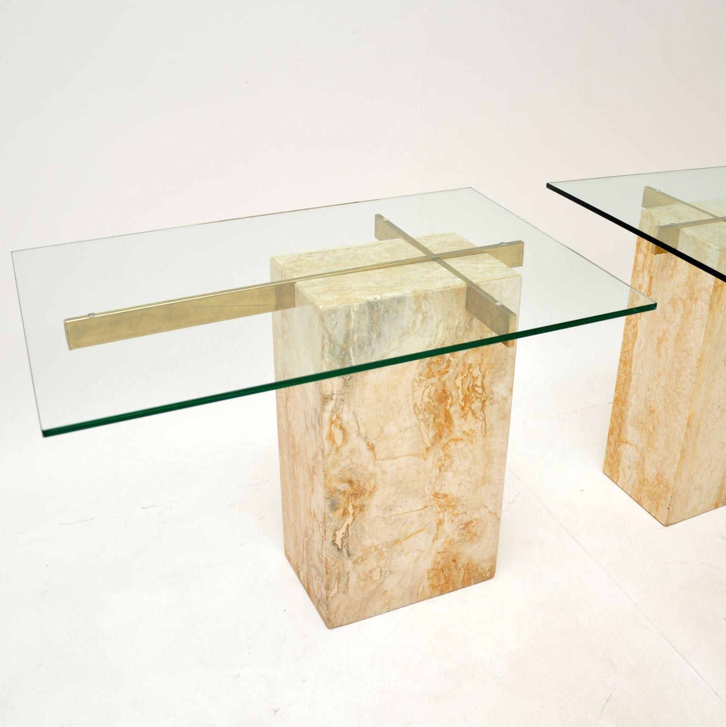 Pair of Vintage Italian Travertine and Brass Side Tables by Artedi For Sale 1