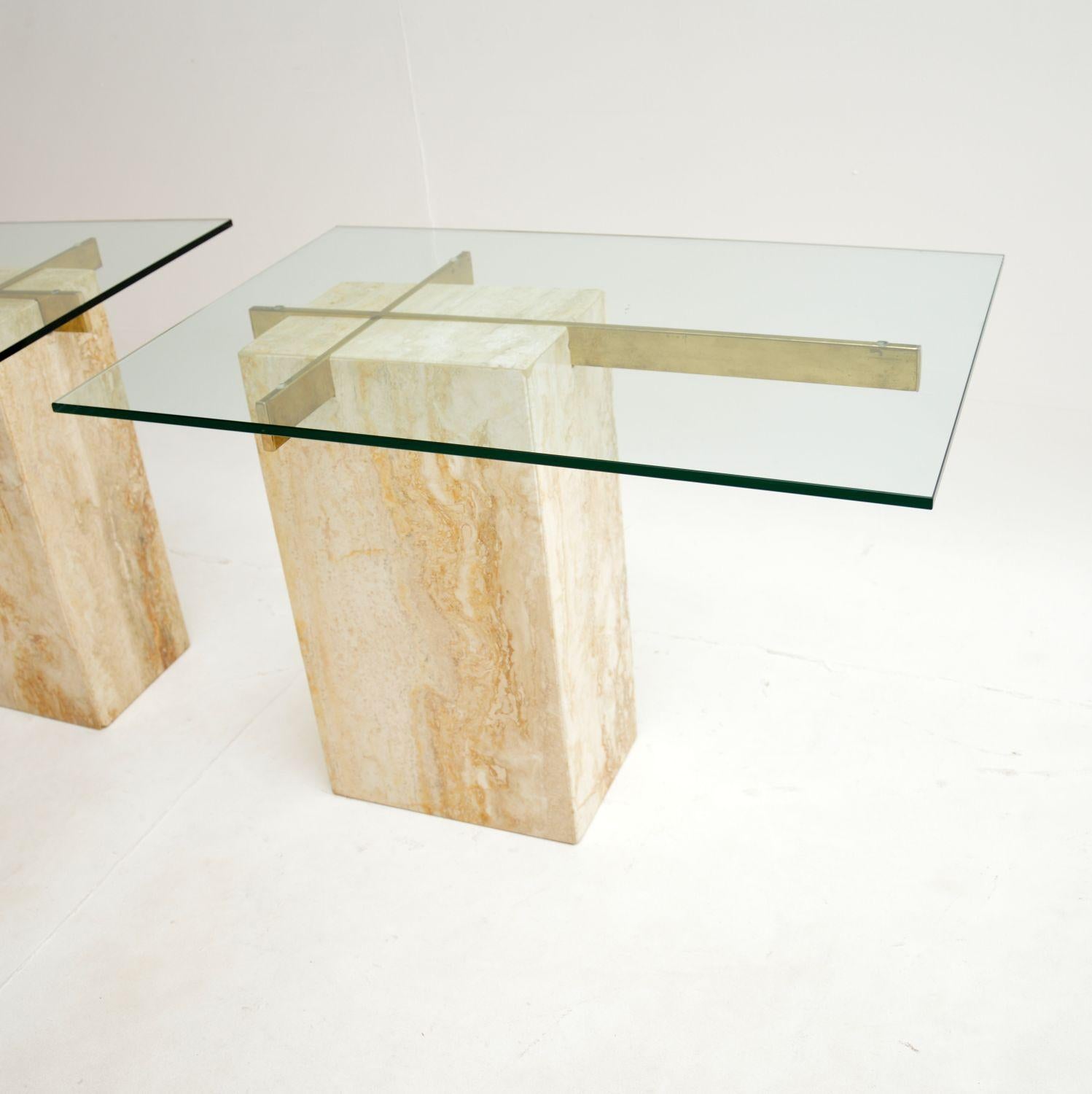 Pair of Vintage Italian Travertine and Brass Side Tables by Artedi For Sale 2
