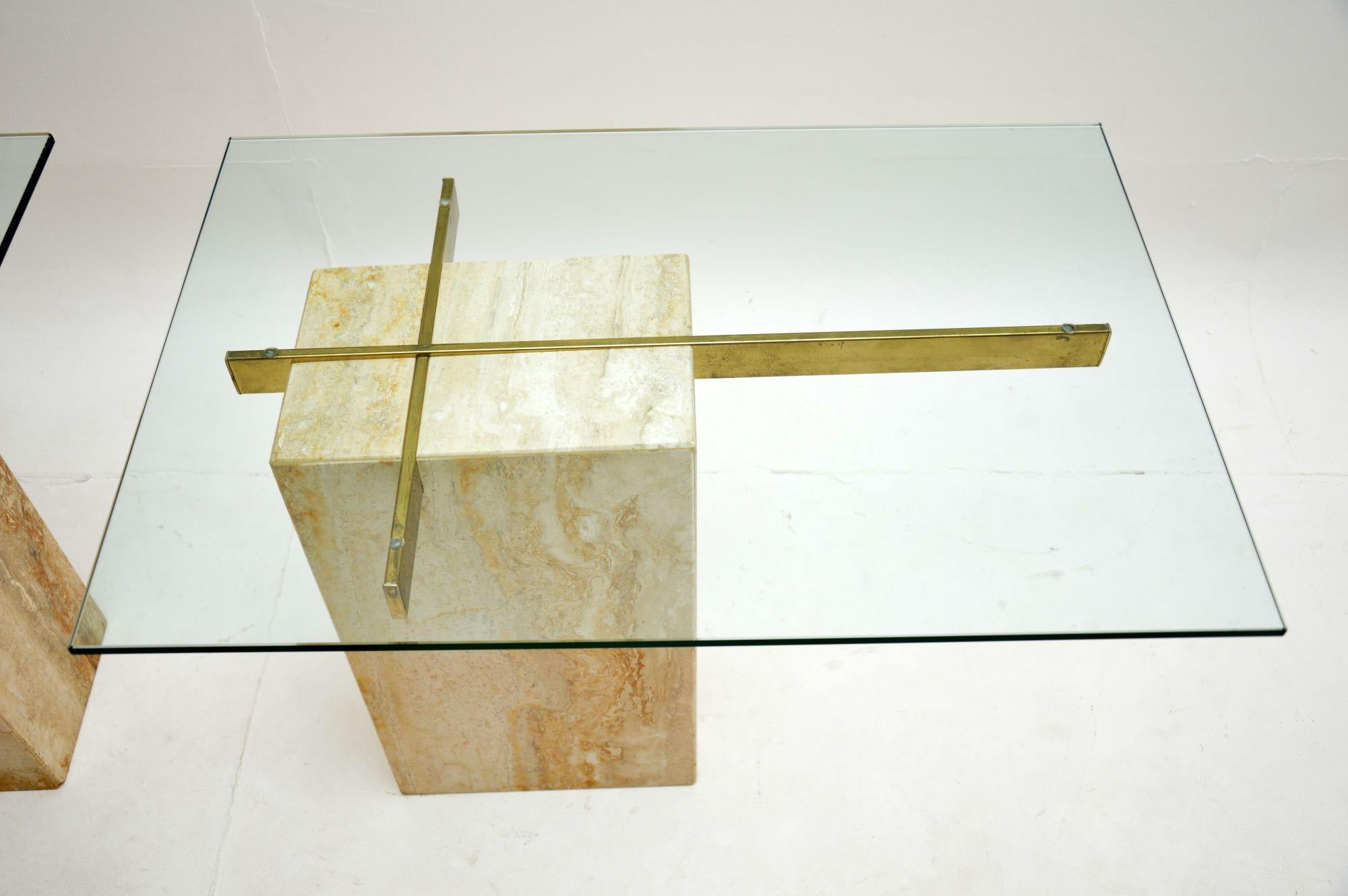 Pair of Vintage Italian Travertine and Brass Side Tables by Artedi For Sale 3