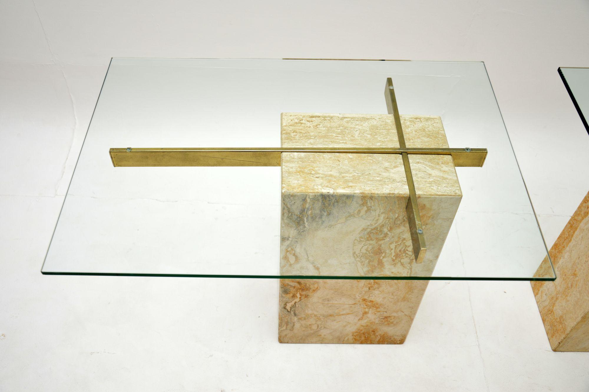 Pair of Vintage Italian Travertine and Brass Side Tables by Artedi For Sale 4
