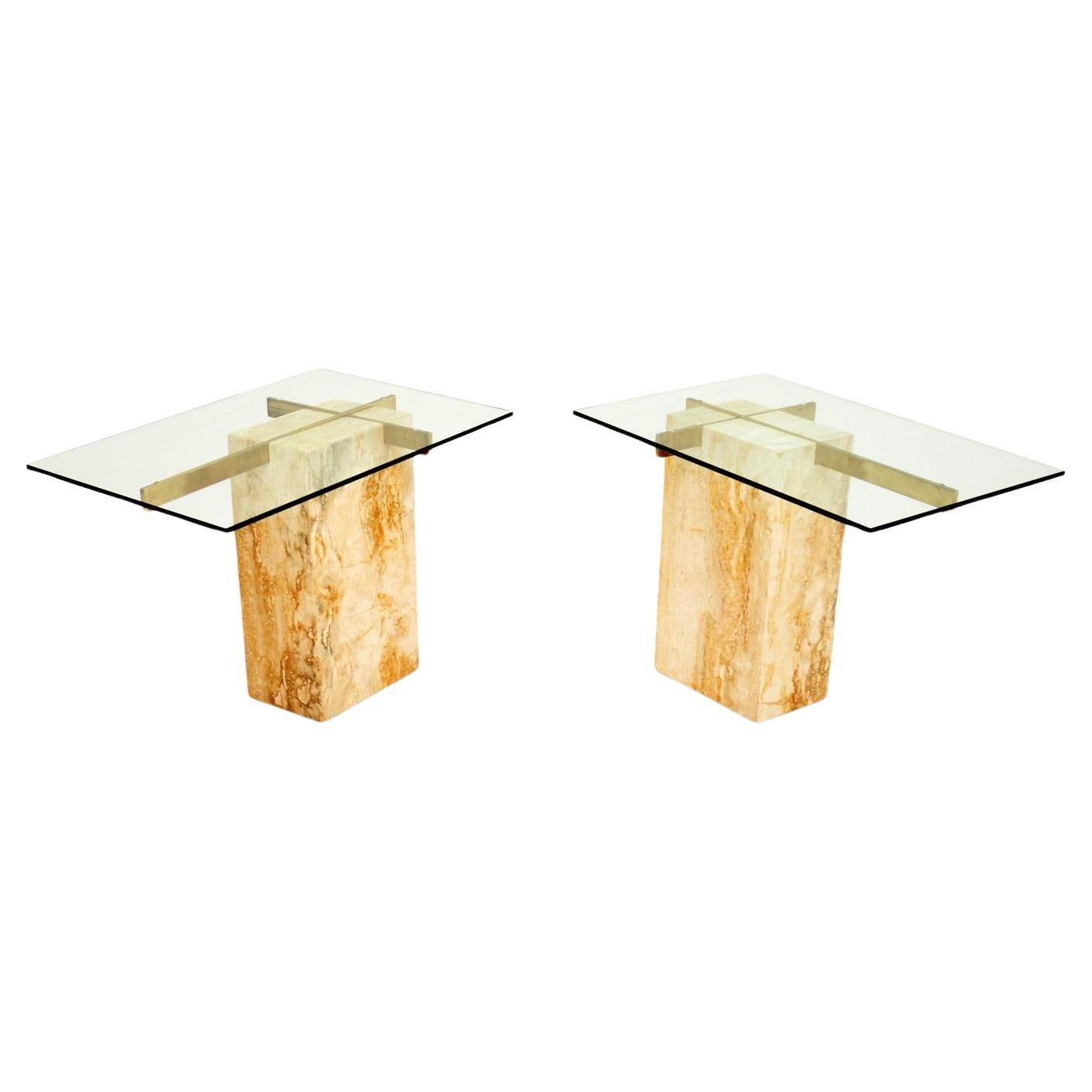 Pair of Vintage Italian Travertine and Brass Side Tables by Artedi For Sale