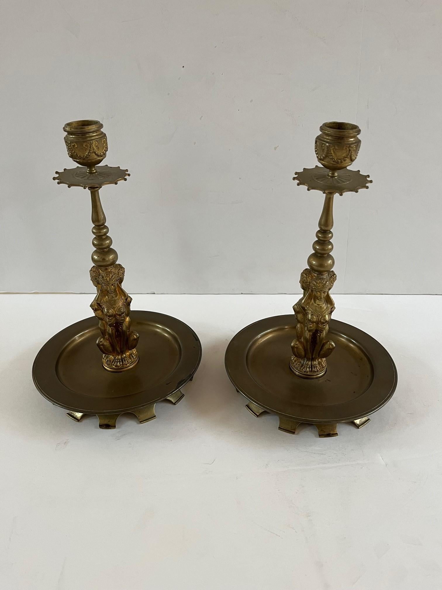 Pair Of Vintage Italian Very Finely Chased Dore Bronze Candlesticks For Sale 1