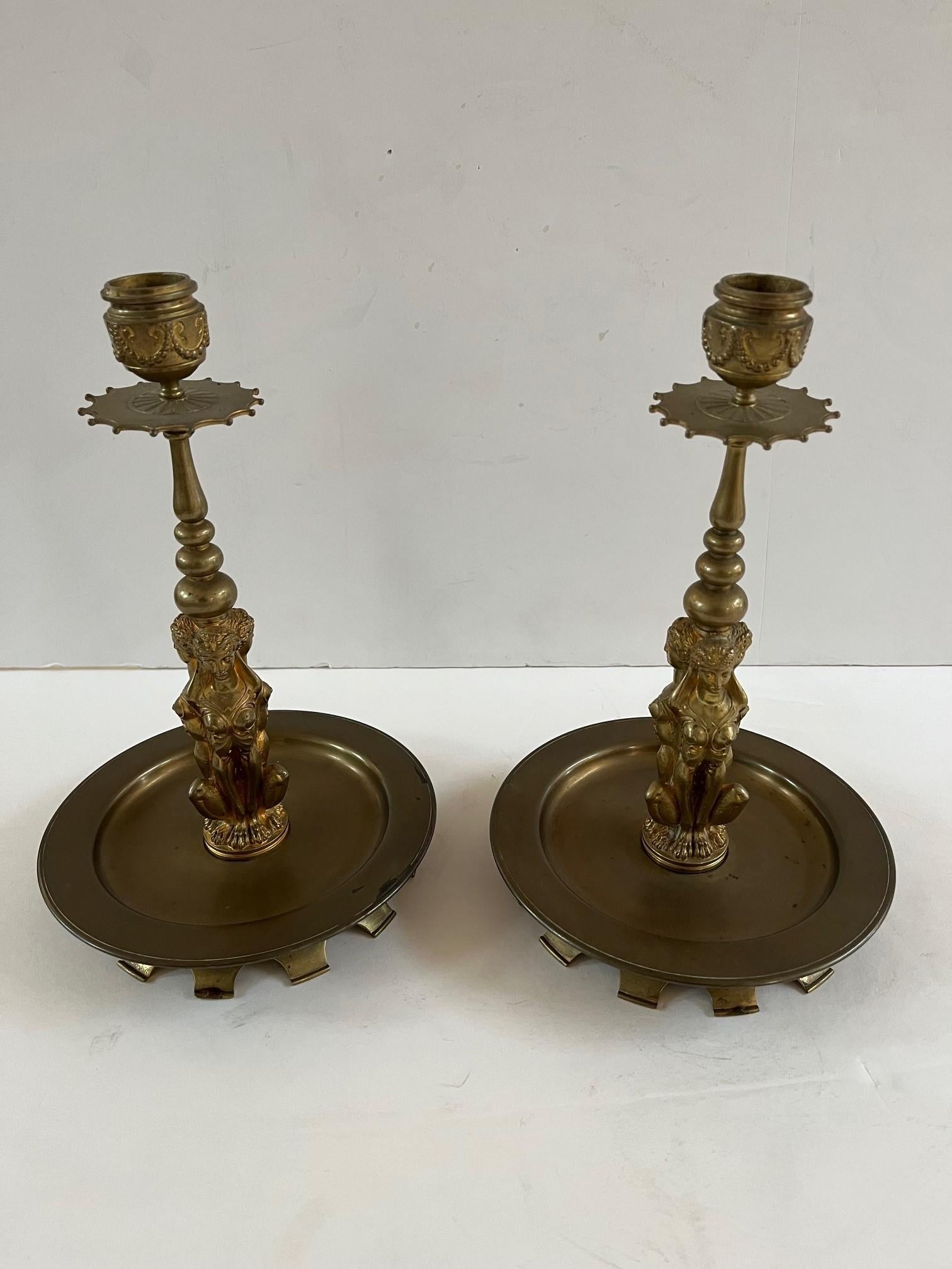 Pair Of Vintage Italian Very Finely Chased Dore Bronze Candlesticks For Sale 4