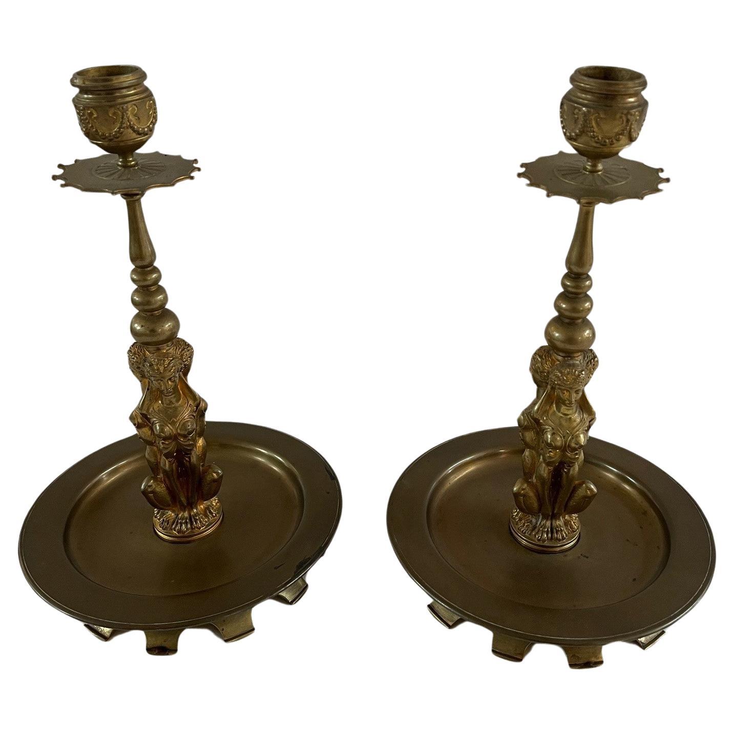 Pair Of Vintage Italian Very Finely Chased Dore Bronze Candlesticks For Sale