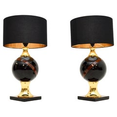 Pair of Vintage Italian Walnut and Brass Table Lamps