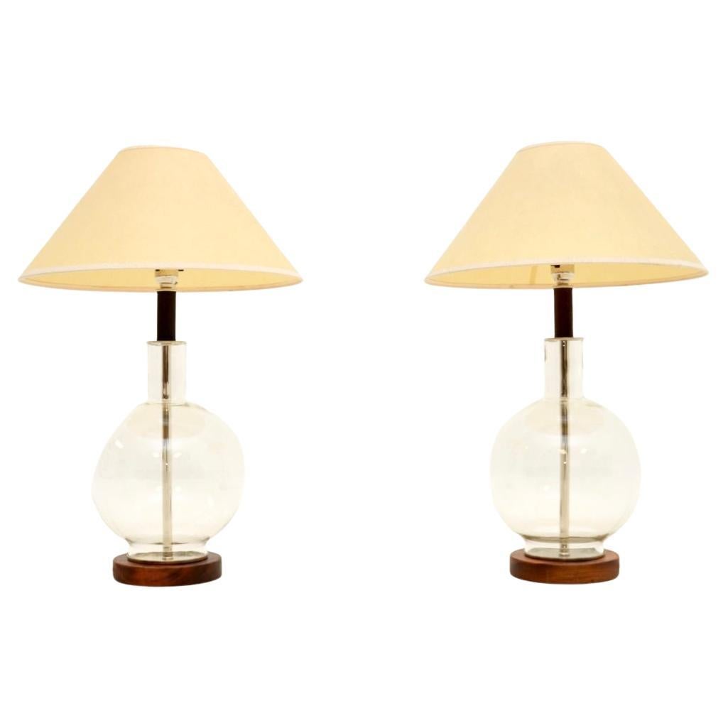 Pair of Vintage Italian Walnut and Glass Table Lamps