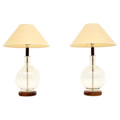 Pair of Vintage Italian Walnut and Glass Table Lamps