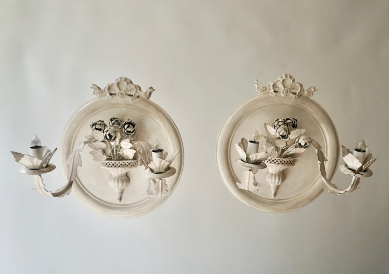 Hollywood Regency Pair of Vintage Italian White Painted Metal Electric Candle Sconces For Sale