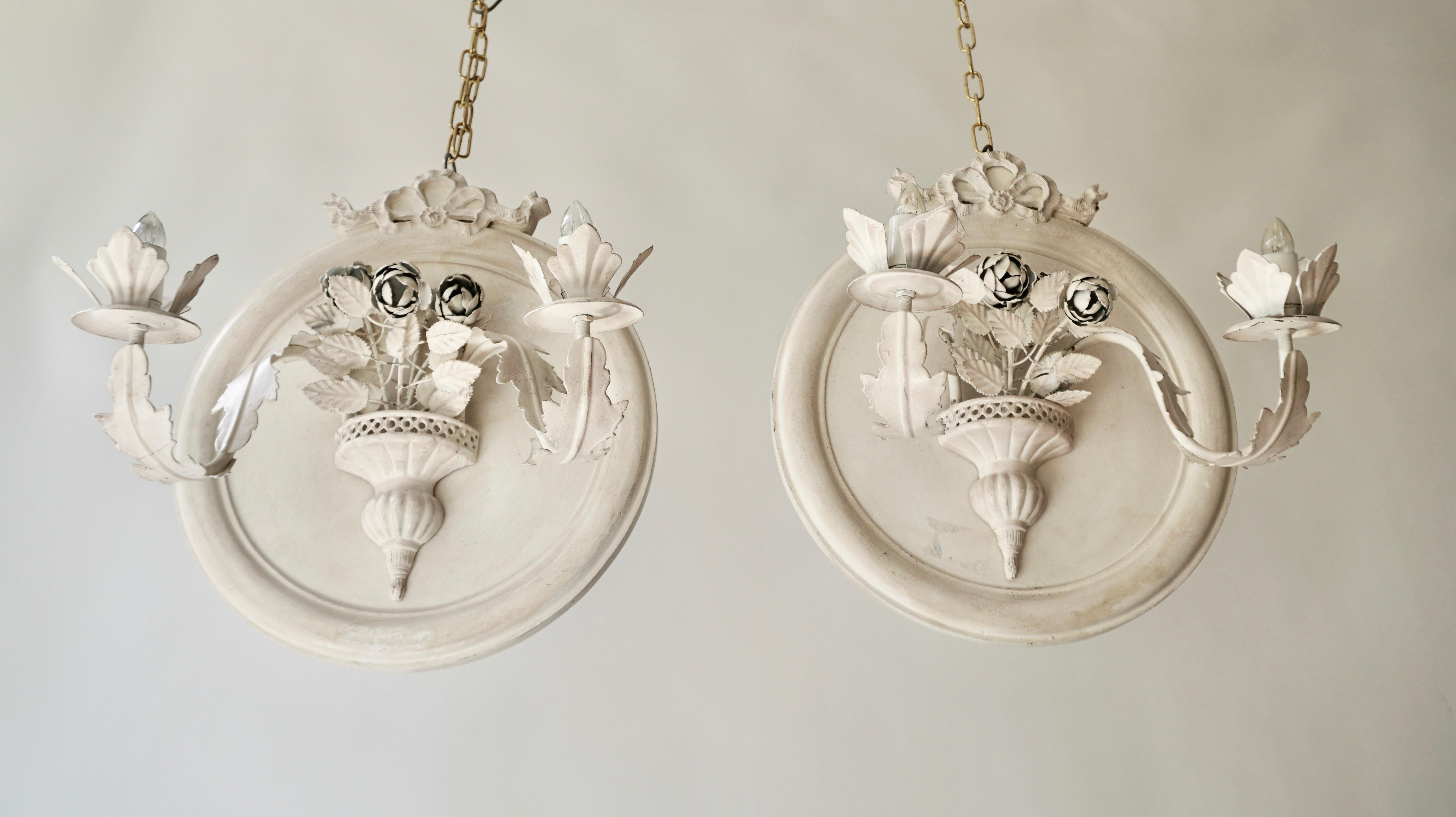 French Pair of Vintage Italian White Painted Metal Candle Wall Sconces For Sale