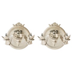 Pair of Vintage Italian White Painted Metal Candle Wall Sconces