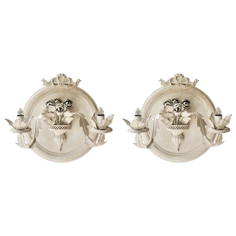 Pair of Vintage Italian White Painted Metal Electric Candle Sconces For Sale