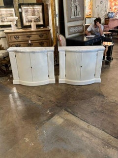 Pair of Vintage Italian White Painted Side Cabinets with Carrara Marble
