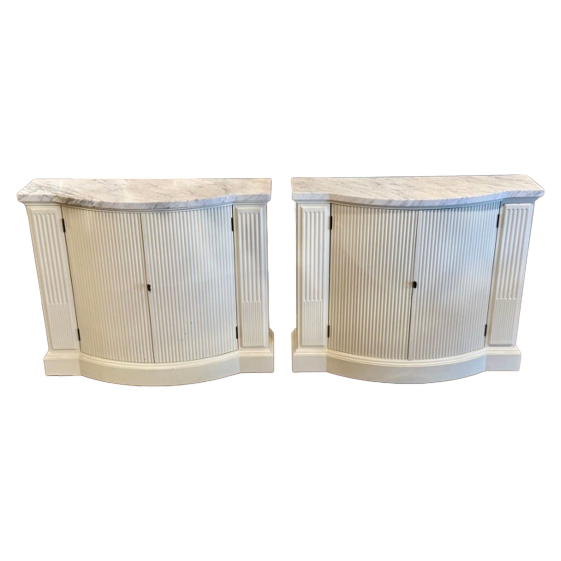 Pair of Vintage Italian White Painted Side Cabinets with Carrara Marble For Sale