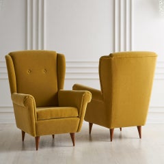 Pair of Vintage Italian Wingback Chairs in Mustard Yellow Mohair