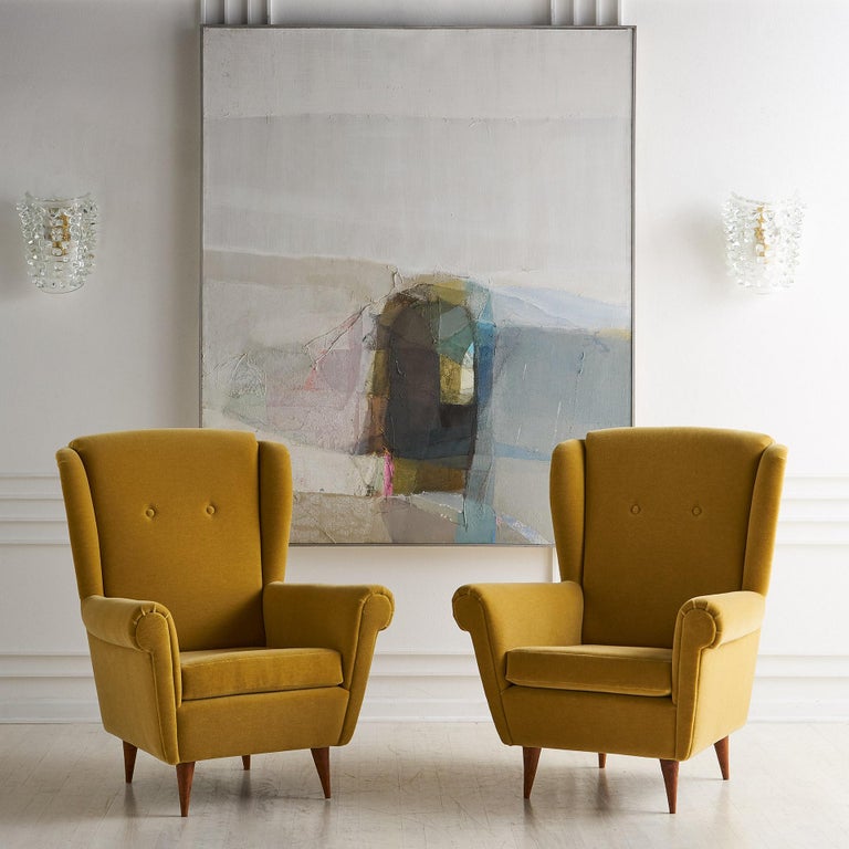 Pair of Vintage Italian Wingback Chairs in Mustard Yellow Mohair at 1stDibs