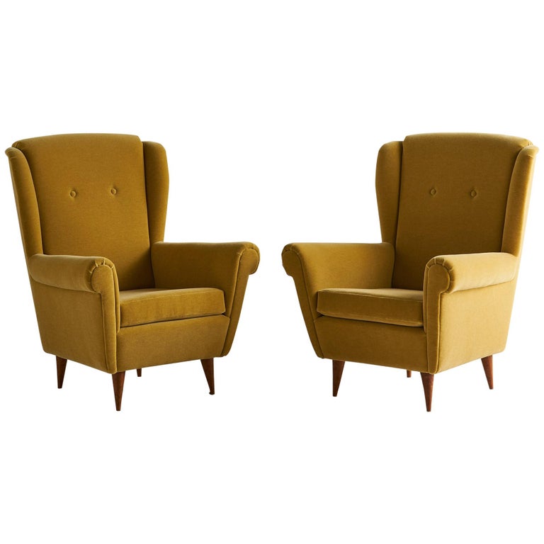 Pair Of Vintage Italian Wingback Chairs In Mustard Yellow Mohair For Sale At 1stdibs