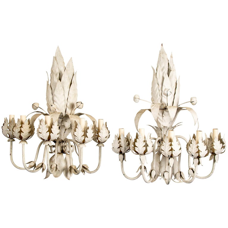 Pair of Vintage Italianate White Painted Metal Electric Candle Sconces