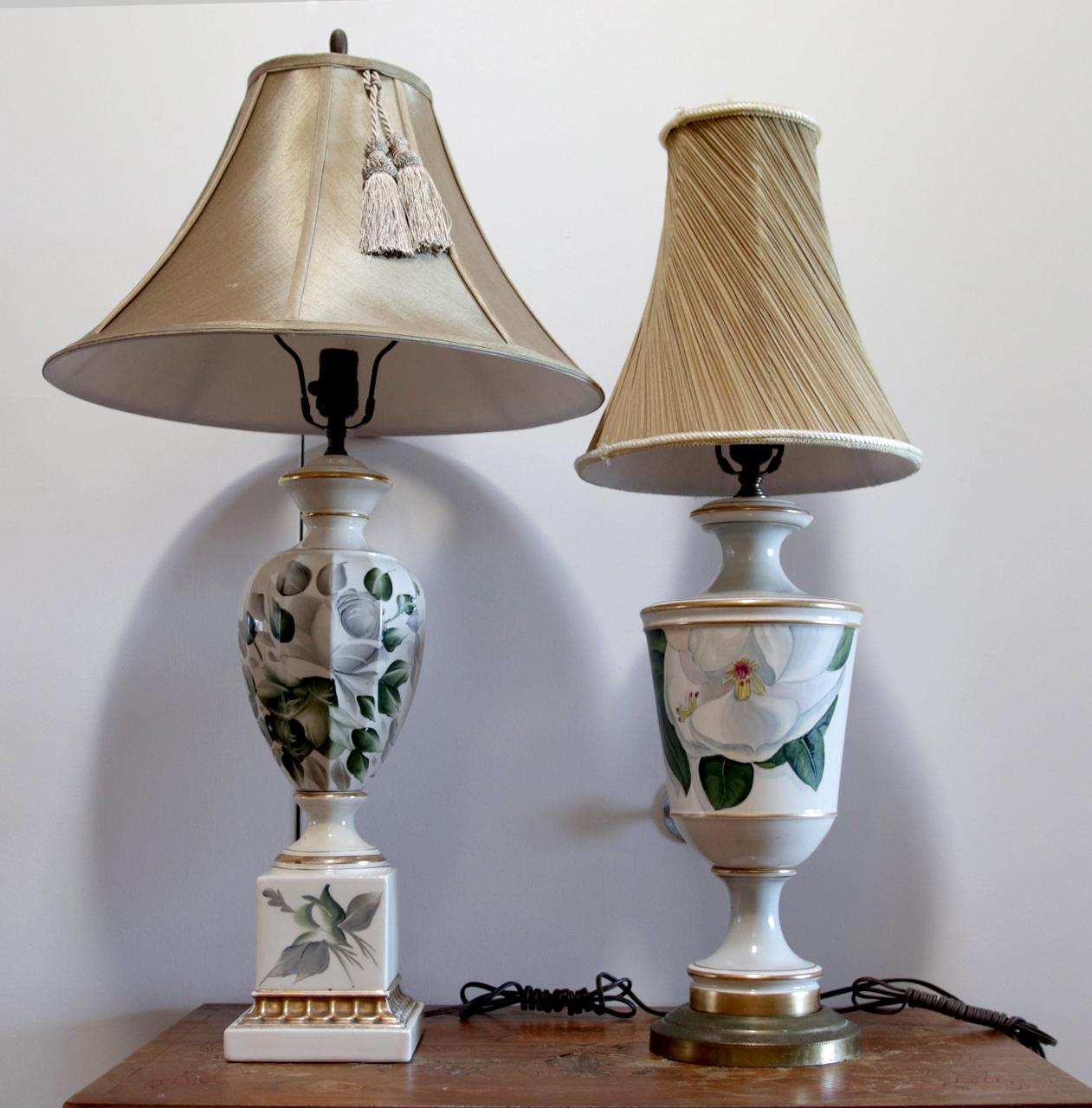 American Pair of Vintage Ivory White Assembled Porcelain, Gilt Hand Painted Table Lamps For Sale