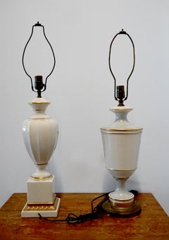 Pair of Vintage Ivory White Assembled Porcelain, Gilt Hand Painted Table Lamps