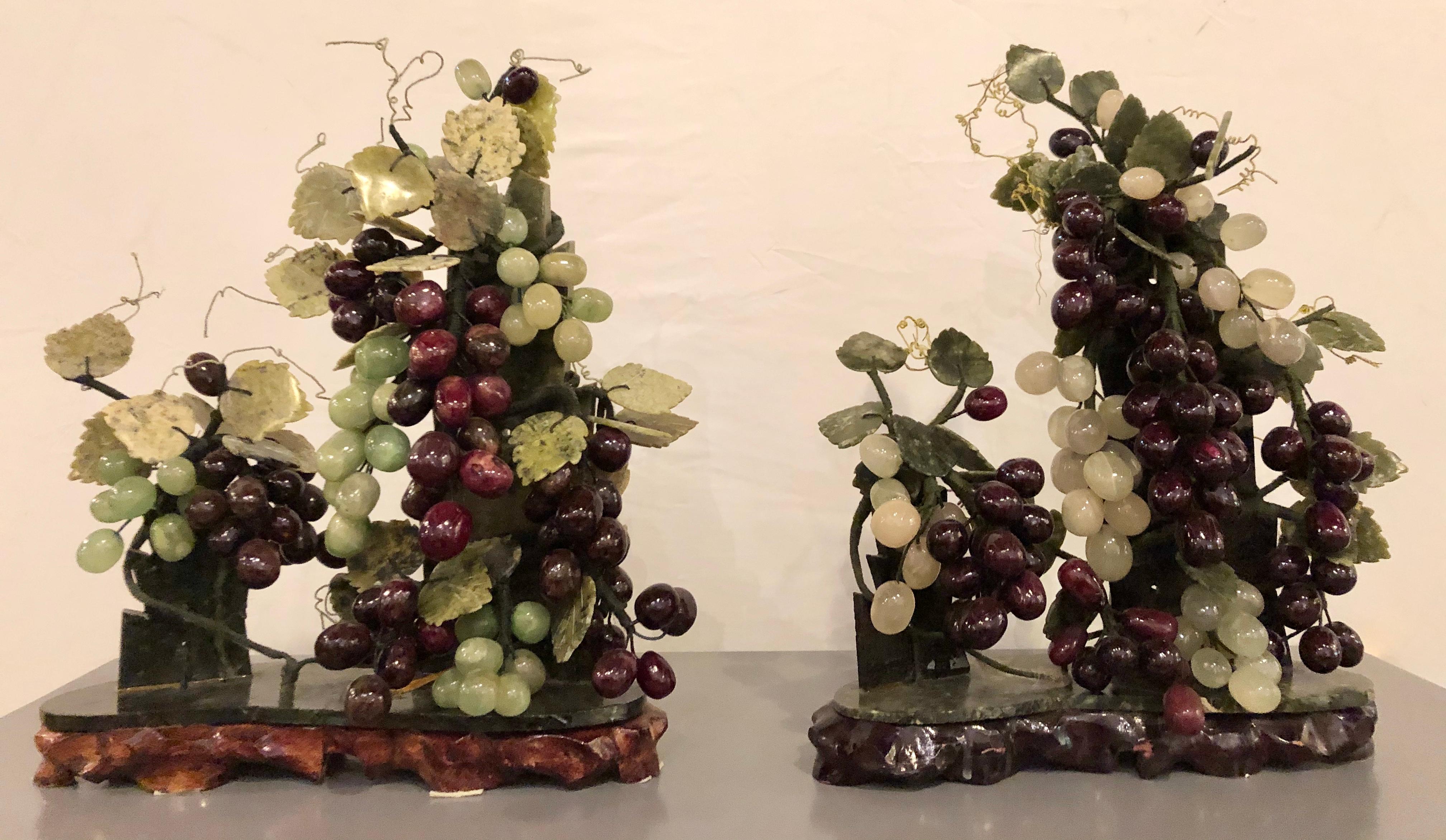 Pair of vintage jade and amethyst colored hard stone and glass group of grapes tableware each distinguished by having different color bases.