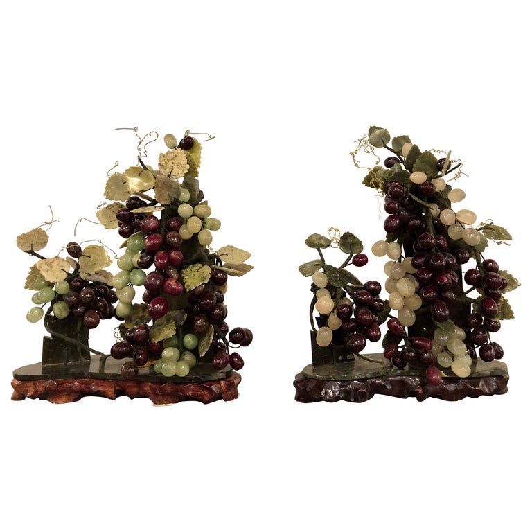 Pair of Jade and Amethyst Colored Hard Stone And Glass Group of Grapes