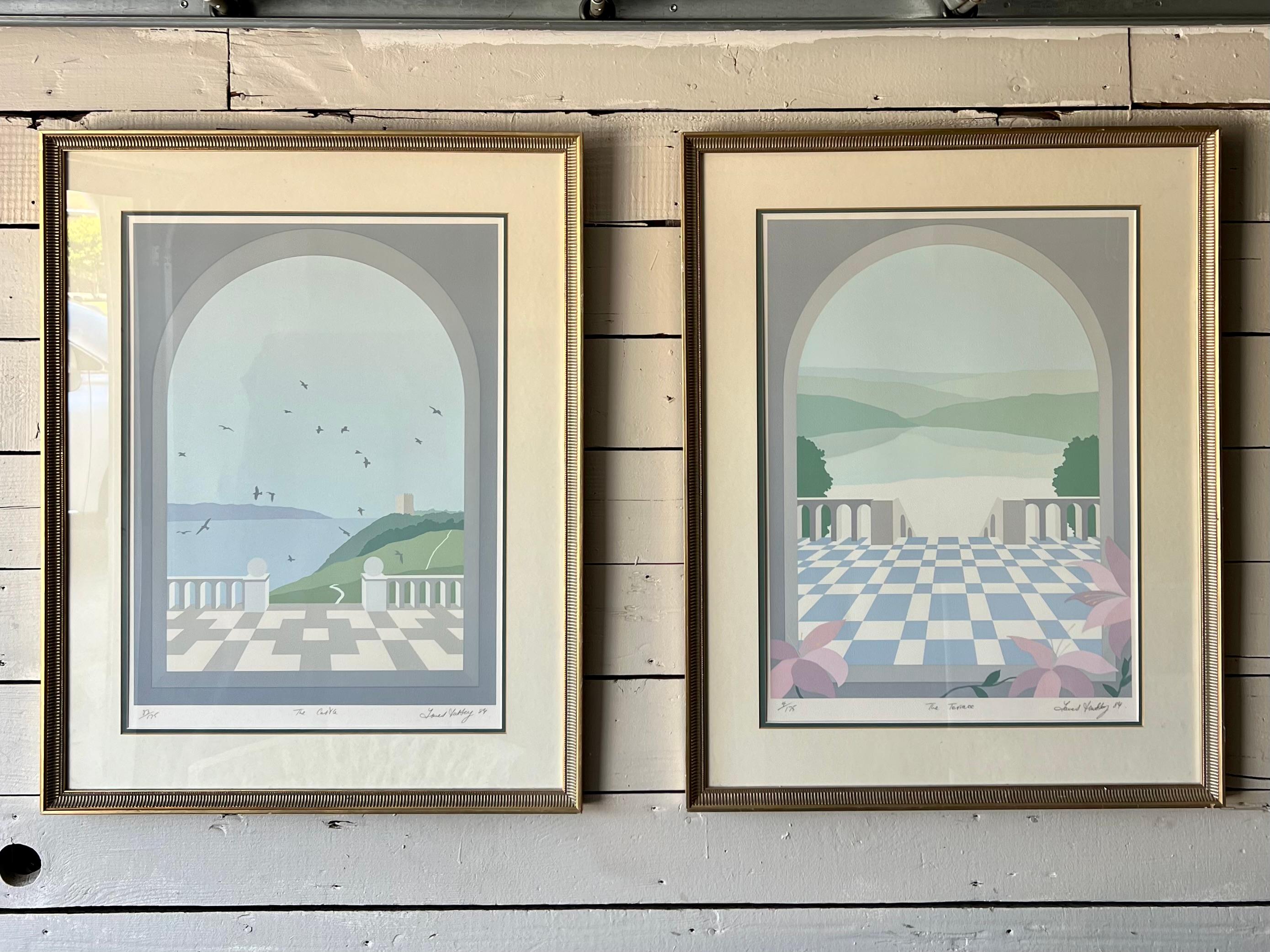 Pair of exquisite post modern framed lithographs by James Hussey. Both numbered and dated 1984. Professionally framed in matching antiqued gold frames. A bit of wear to the frames but at the top portions of the frames so not visible when mounted on