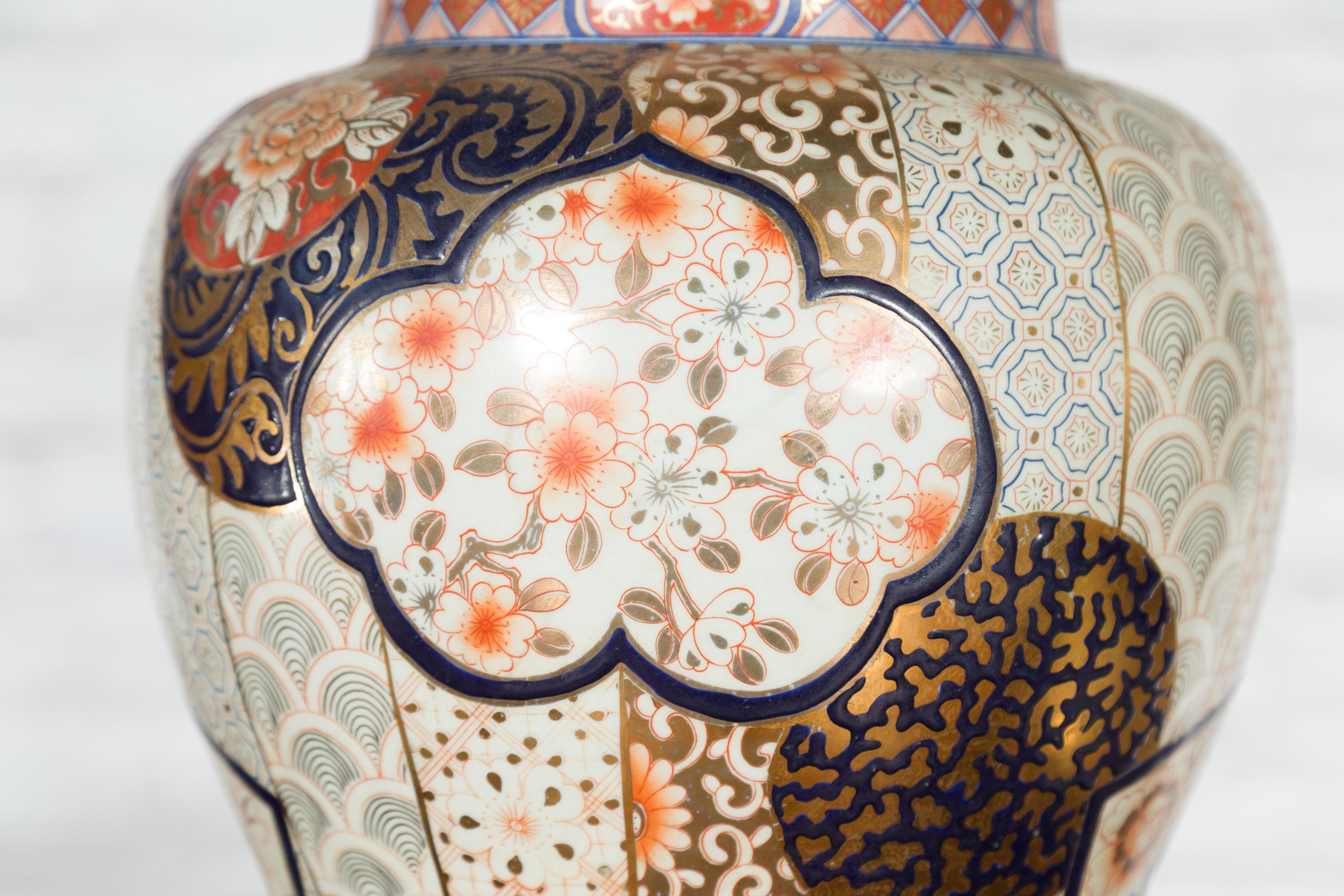 Pair of Vintage Japanese Arita Porcelain Gold, Dark Blue and Orange Table Lamps 3