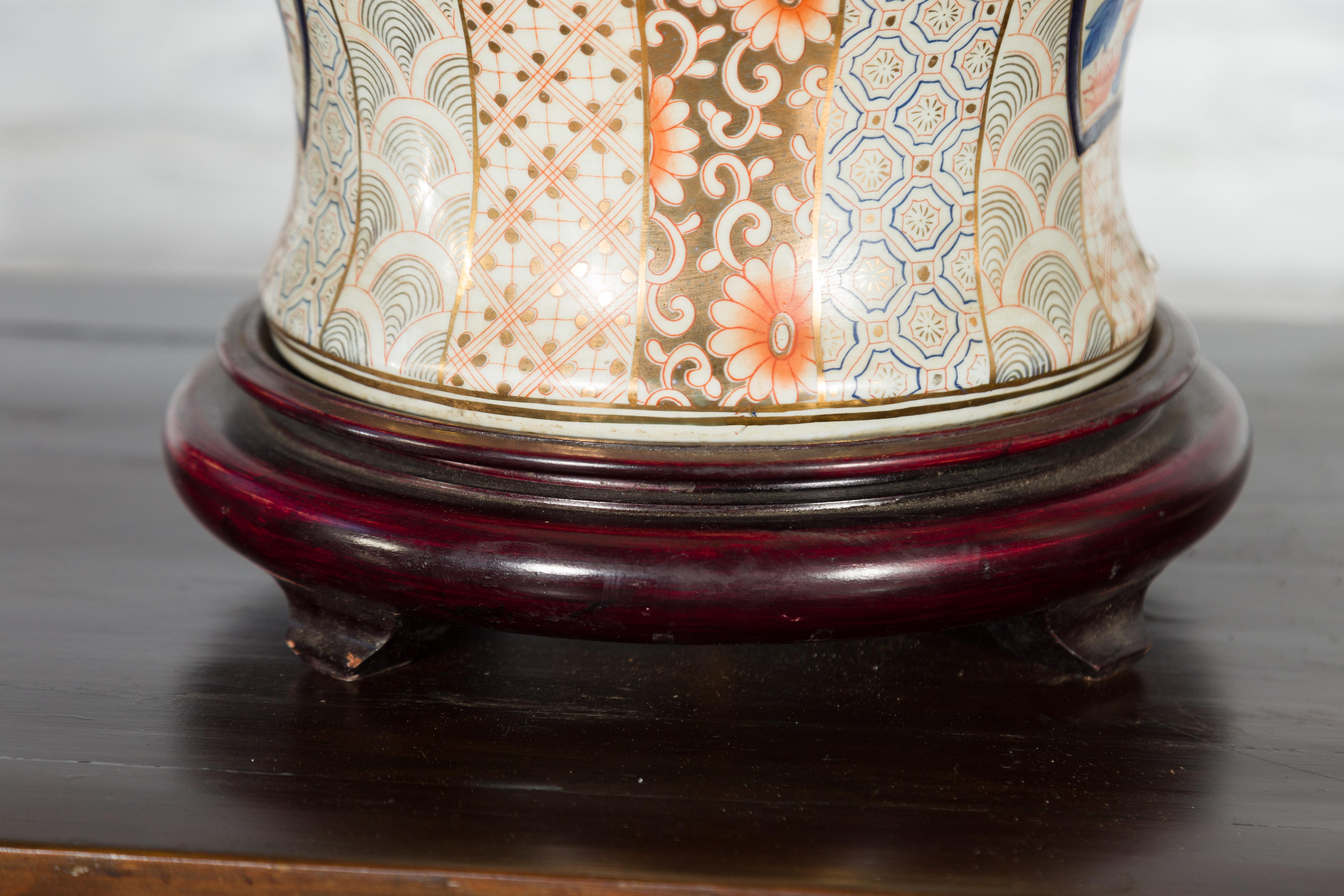 Pair of Vintage Japanese Arita Porcelain Gold, Dark Blue and Orange Table Lamps 5
