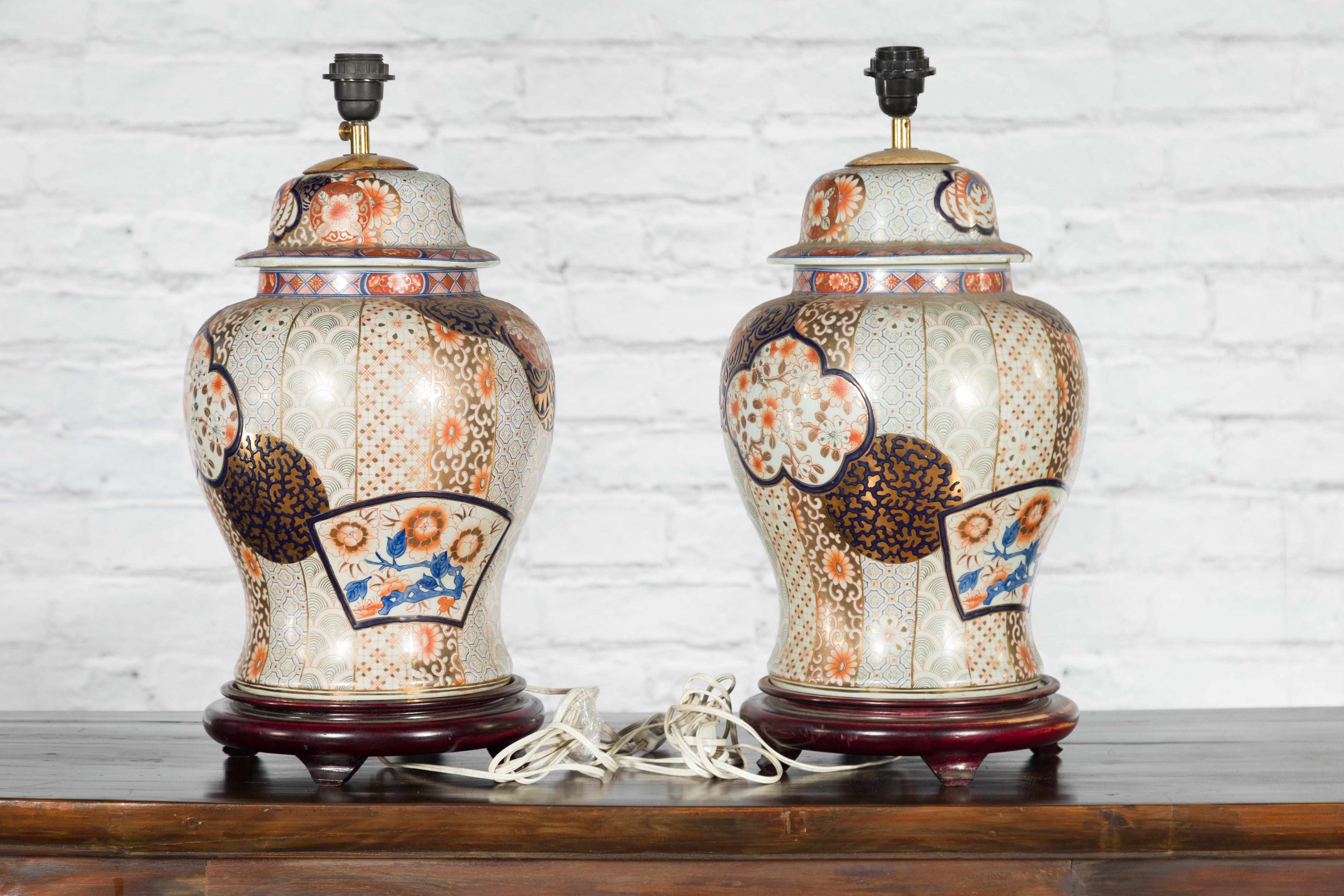 Pair of Vintage Japanese Arita Porcelain Gold, Dark Blue and Orange Table Lamps 6
