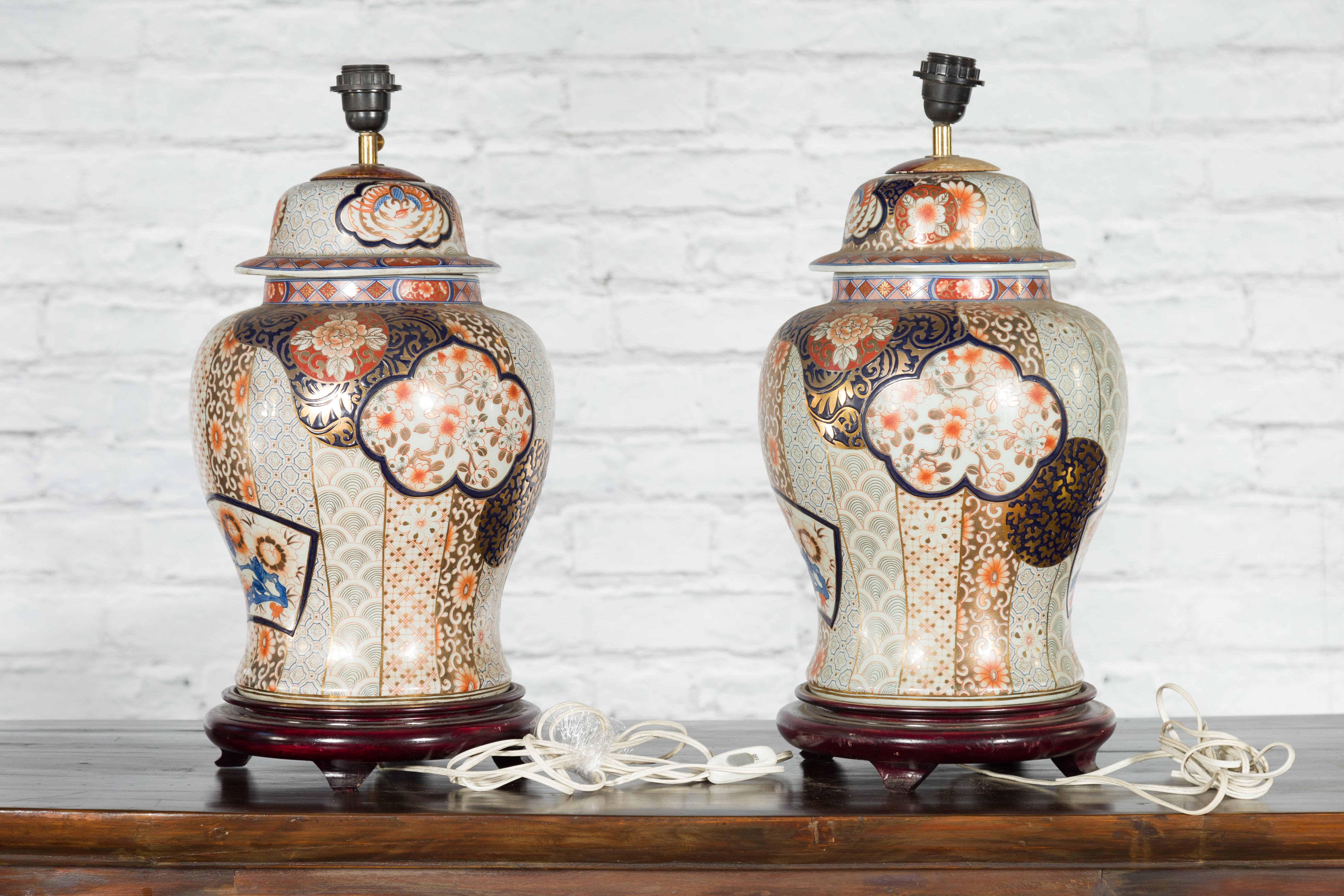 Pair of Vintage Japanese Arita Porcelain Gold, Dark Blue and Orange Table Lamps 7